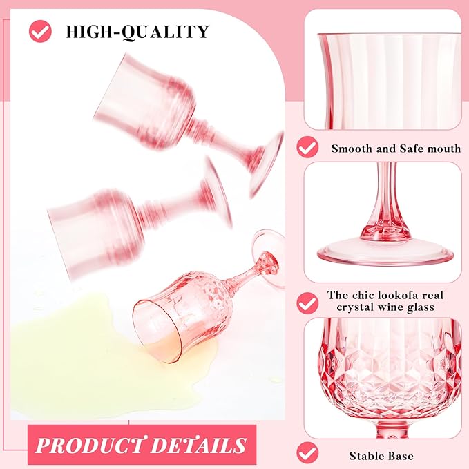 Pinkunn 6 Pcs 7 oz Plastic Vintage Wine Glasses Reusable Colored Goblets Patterned Drinking Water Glasses Cup Dishwasher Safe for Christmas Wedding Reception Party Supplies (Pink)