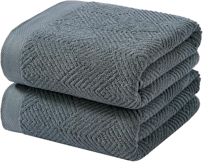 sense gnosis Grey Herringbone Bath Towel Set of 2 Premium 100% Cotton Striped Weave Ultra Soft Highly Absorbent Bath Towel for Bathroom 27 X 55 Inch