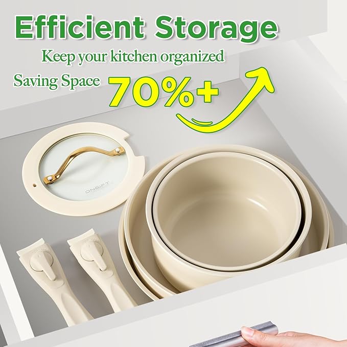 20pcs Ceramic Cookware Set Nonstick, Detachable Handle Pots and Pans Set, RV Kitchen Set Removable Handle for Cooking, Non Toxic, No PFAS & PTFE & PFOA, Dishwasher/Oven Safe, Cream White