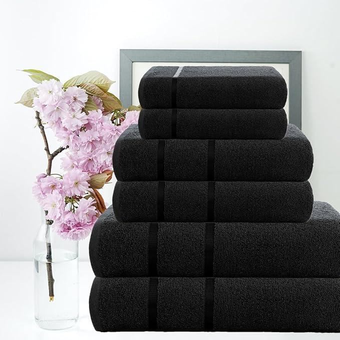 CASA COPENHAGEN Eternal 6 Pieces Towel Set- Dark Black, 500 GSM 2 Bath Towel 2 Hand Towel 2 Washcloth, Designed in Denmark Made of Soft Egyptian Cotton for Bathroom, Kitchen & Shower