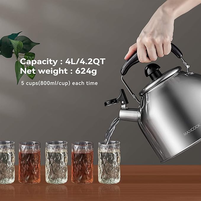 4.2 Quart/4L Stainless Steel Whistling Tea Kettle,Brushed Satin, Suitable to Boiling Water & Tea on Induction Stove, Gas Stove Top
