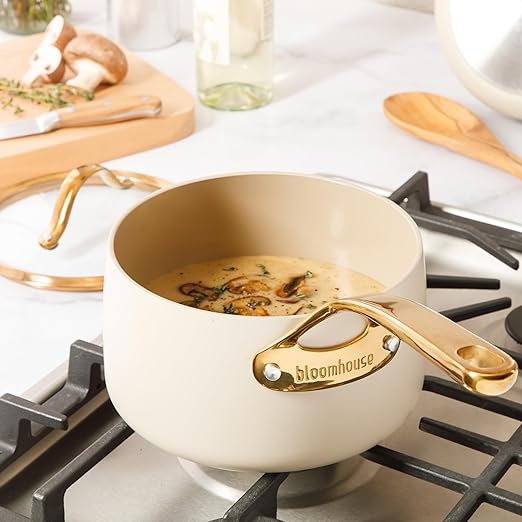 bloomhouse - Two Time Oprah's Favorite Things Winner - 3 Quart Heavy Duty Aluminum Premium PFA Free Ceramic Nonstick Saucepan with Lid - Almond Cream w/Gold Handle