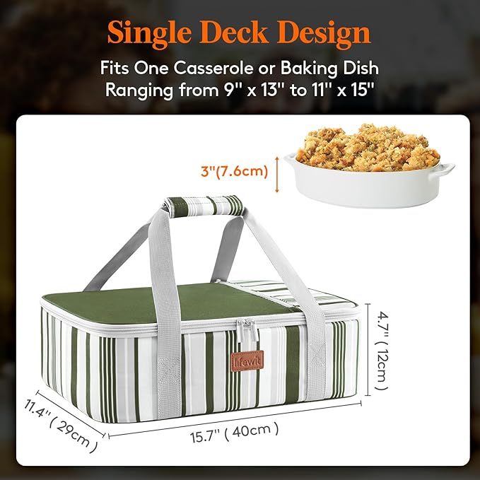 Lifewit Insulated Casserole Carrier for Hot or Cold Food, Casserole Dish with Lid and Carrying Case, Lasagna Holder for Potluck Parties/Picnic/Cookouts, Fits 9"x13" Baking Dish, Dark green