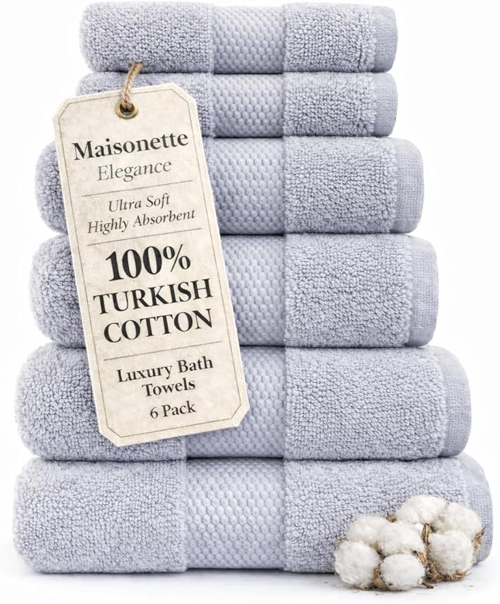Maisonette Elegance 100% Organic Cotton Turkish Bathroom Towels Set, Ideal Quick Dry Luxury Washcloths, Hand & Large Bath Towels for Shower (6 Pack), Light Gray (Shore)