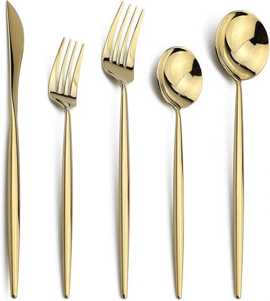 5-Pieces 18/10 Stainless Steel Silverware Set, Colorful Mirror Polishing Gold Flatware Set, Kitchen Knife Fork Spoon Utensils, Service for 1