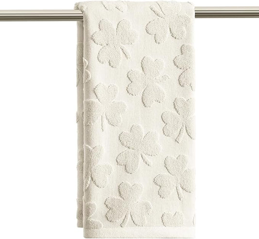 Artoid Mode 1 Pc Beige 3D Shamrock Jacquard Patrick Hand Towels for Bathroom, 100% Cotton Soft Absorbent Bathroom Decor Towels, 13.7 x 29.5 Inch