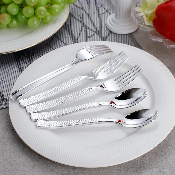 KIRE 400PCS Silver Plastic Forks and Spoons Disposable-Heavy Duty Plastic Silverware Set Silver Spoons and Forks-200 Forks and Spoon for Parties/Birthday/Wedding for Christmas