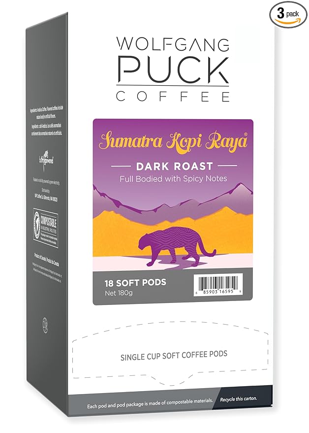 Wolfgang Puck Coffee, Sumatra Kopi Raya, Dark Roast, 9.5 Gram soft Pods, 18 Count (Pack of 3)