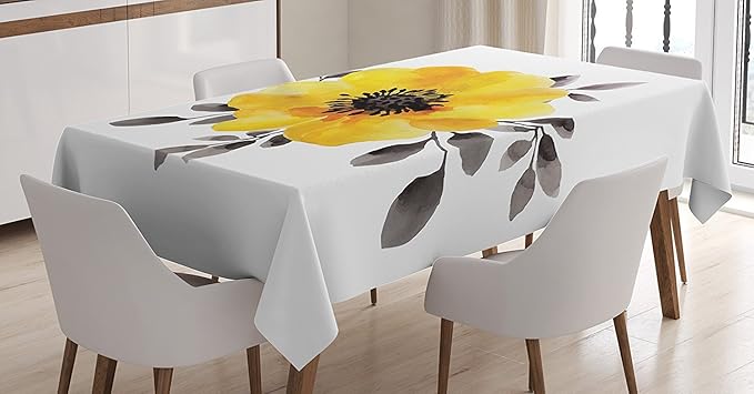 Ambesonne Flower Tablecloth, Watercolored Image of Single Flower and Leaves Abstract Design Modern Artwork, Dining Room Kitchen Rectangular Table Cover, 60" X 84", Yellow Grey