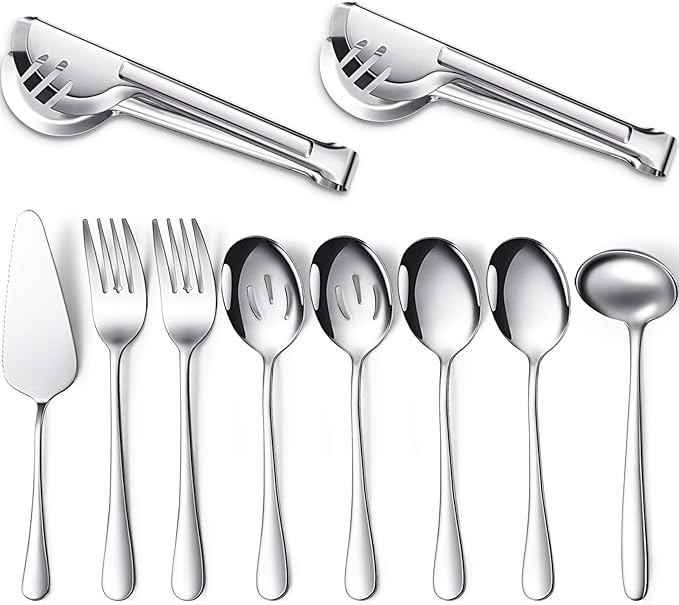 Patelai Serving Utensils Set Include Stainless Steel Large Spoons Slotted Spoons Forks Tongs Soup Ladle and Pie Server for Parties Buffet Catering, Dishwasher Safe(Silver,10 Pieces)