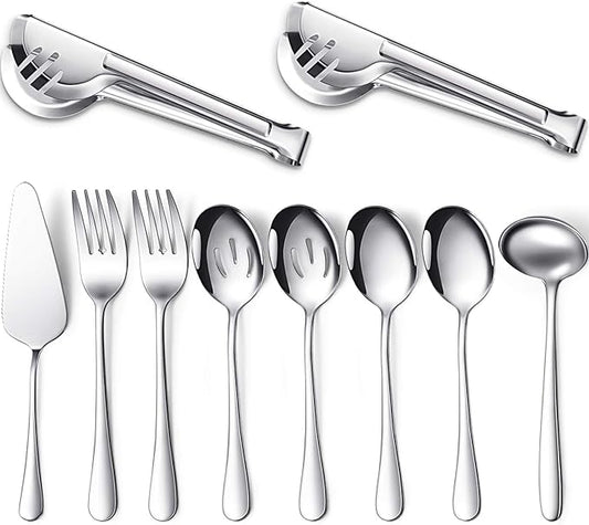Patelai Serving Utensils Set Include Stainless Steel Large Spoons Slotted Spoons Forks Tongs Soup Ladle and Pie Server for Parties Buffet Catering, Dishwasher Safe(Silver,10 Pieces)