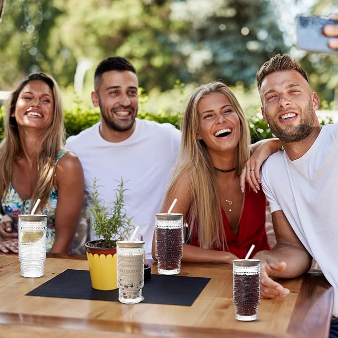 Drinking Glasses with Bamboo Lids and Glass Straw 8pcs Set,16oz Glass Tumbler Cups,Water Glasses,Iced Coffee Glasses,iced Tea Glasses,Beer Glasses,Ideal for Whiskey,2 Brushes