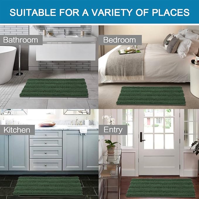 H.VERSAILTEX Bath Mats for Bathroom Non Slip Extra Thick Chenille Striped Bath Rug 24" x 36" Absorbent Non Skid Fluffy Soft Shaggy Rugs Washable Plush Mats for Indoor, Bath Room, Tub - Bronze Green