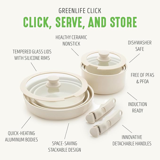 GreenLife 10 Piece Nonstick Pots & Pans Set, Detachable Handle & Stackable Cookware Set, Non Toxic PFAS-Free Skillets, Induction Kitchen Pans, Space Saving, Serving Bowls, Oven Safe, Speckled Cream
