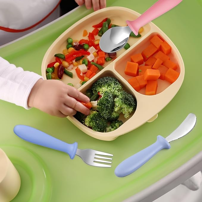 Pimoys 6 Pieces Toddler Utensils Forks,Spoons and Knives,Kids Silverware Set with Plastic Handle Stainless Steel Toddler Silverware,Dishwasher Safe