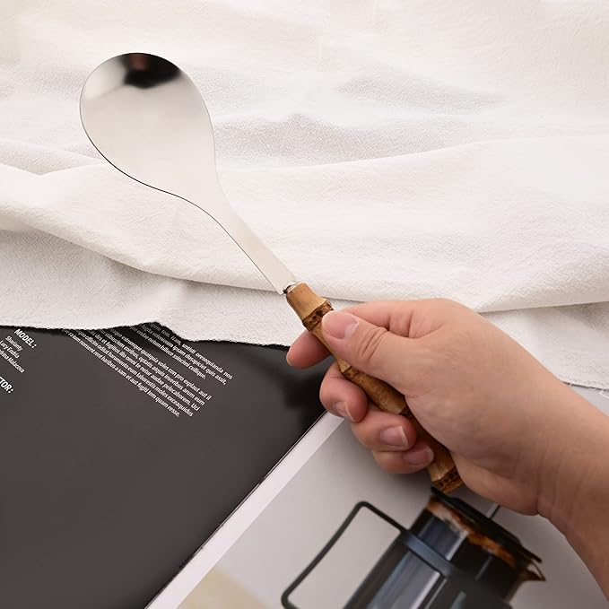 Serving Spoon and Fork Set, 304 Stainless Steel Serving Utensils with Natural Bamboo Handle, 10" Long Handle Serving Set for Kitchen Party Buffet, 4 Pieces / 2 of Each