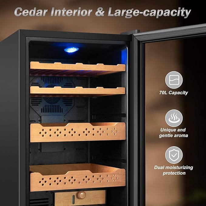 Electric Humidor-70L Cooling & Heating Humidor, Smart Touch Control Humidity & Temp, Humidors wtih Spanish Cedar Wood Tray, Digital Display, Safety Lock, Desktop Gift for Men