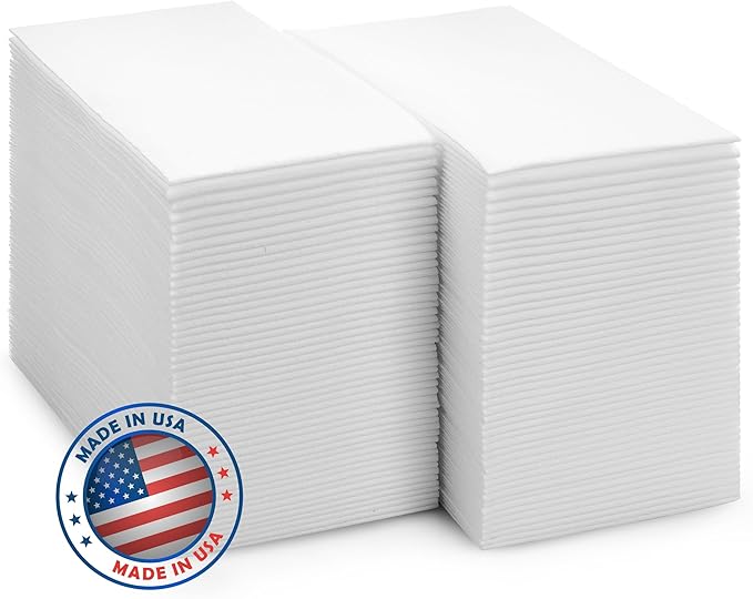 300-Pack BloominGoods Disposable Bathroom Napkins | Single-Use Classic Lite Linen-Feel Guest Towels, Made in USA | Cloth-Like Hand Towels, White, 12" x 17"