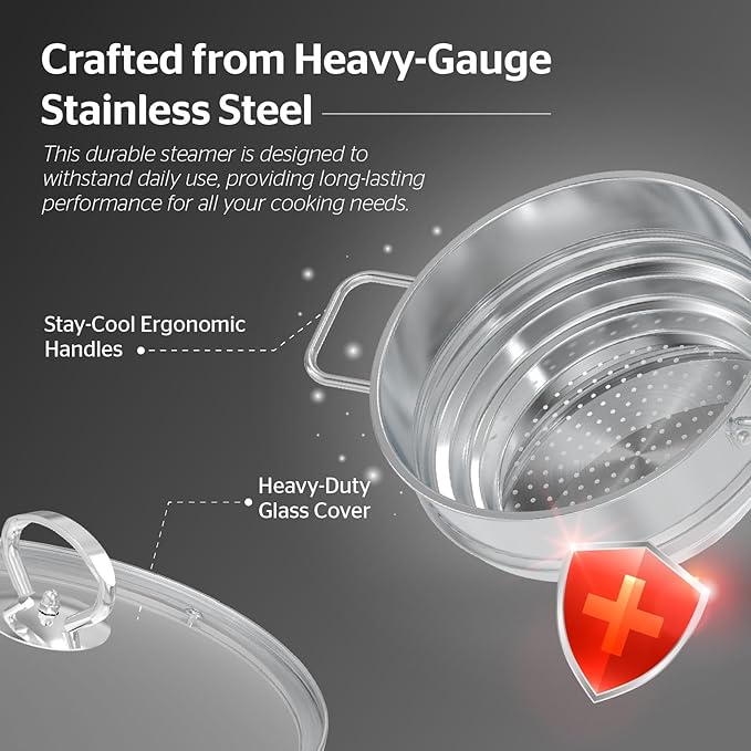SUNHOUSE 5 Quart Stainless Steel Steamer Insert – Multi-Purpose Soup & Food Steamer with Stay-Cool Handles & Heavy-Duty Glass Lid – Fits Various Pot Sizes (8", 8.5", 9.5")