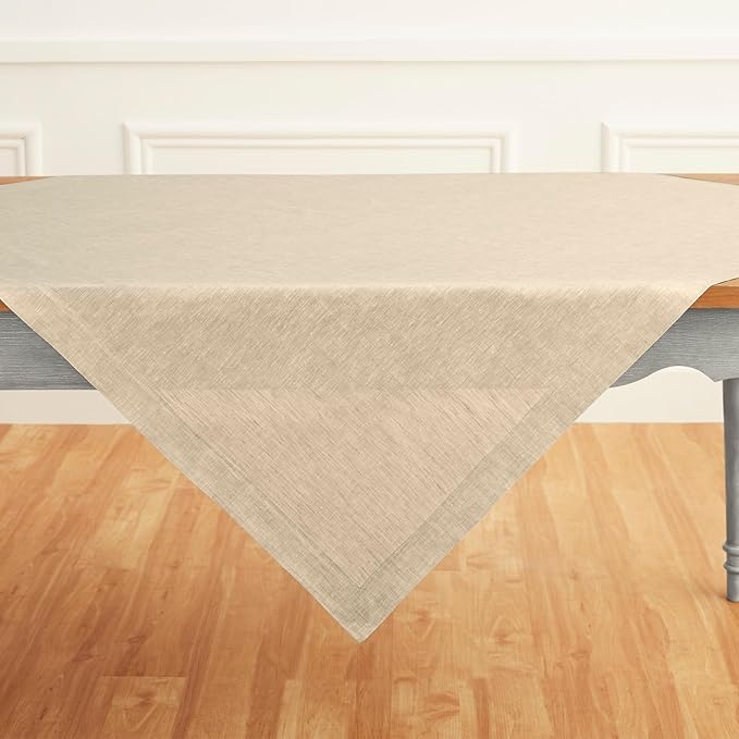 Solino Home Linen Cloth Tablecloth 52 x 52 Inch - 100% Pure Linen Champagne Beige Square Tablecloth - Athena, Machine Washable Table Throw for Holiday