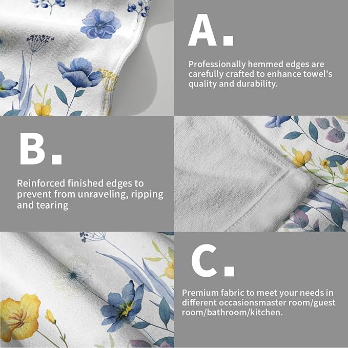 Blue Yellow Floral Hand Towels 2 PCS，Watercolor Poppy Flowers Botanical Leaves Kitchen Dish Towel Spring Summer Decor Washcloth for Bathroom Home Spa Gift 14.4 x 28.3 Inch