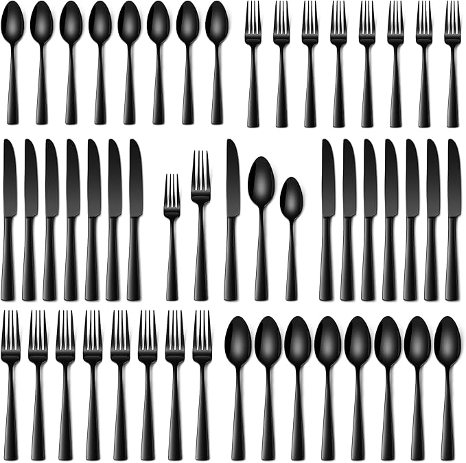 Stapava 40 Pcs Black Silverware Set, Food-Grade Stainless Steel Flatware Set for 8 Mirror Polished Cutlery Utensil Sets Include Dinner Forks Spoons and Knives Set Dishwasher Safe for Home Restaurant