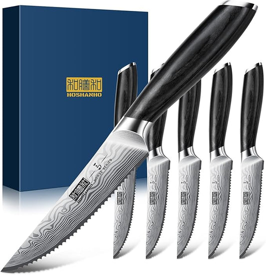 HOSHANHO Steak Knives Set of 6, 4.5 Inch Japanese Serrated Steak Knife Set, Ultra Sharp High Carbon Powder Steel Steak Knife with Pakkawood Handle