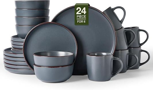 Famiware Mercury Dinnerware Sets with Mugs, Service for 6 (24 Pieces), Stoneware Plates and Bowls Sets, Microwave and Dishwasher Safe Dishes Set, Charcoal