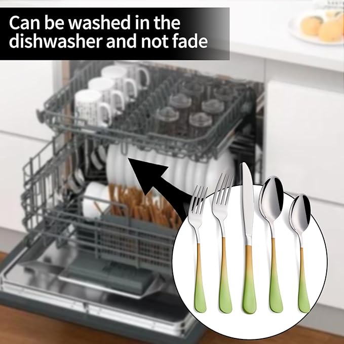 20-Pieces Color Silverware Sets for 4,Green and Orange Handle Stainless Steel Cutlery Set, Include Forks Spoons and Knives Set, Dishwasher Safe Utensil Sets for Home Restaurant