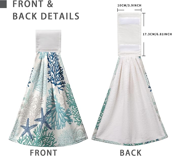 Summer Blue Coral Hanging Hand Towels Set of 2 Beach Ocean Kitchen Dish Towel Coastal Bathroom Towels Seashell Decorative Coral Tie Towels for Bathroom Kitchen Accessories 12x17 Inch