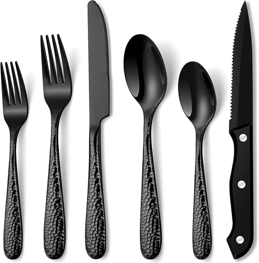 Hammered Black Silverware Set, EUIRIO 24 Pieces Cutlery Sets for 4, Heavy Duty Stainless Steel Flatware, Food-Grade Utensil Sets Includes Spoons Forks and Knives, Mirror Finish Dishwasher Safe