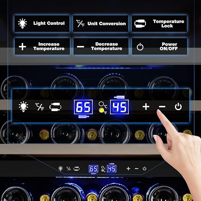 Tylza 24 Inch Wine Fridge, Dual Zone 54 Bottles Wine Refrigerator, Built-In or Freestanding, Safety Lock, Double-Layer Glass Door, Adjustable Shelves, Wine Cooler Refrigerator for Home Bar Kitchen