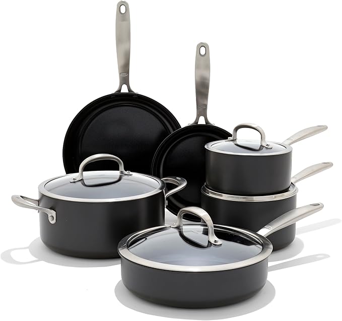 OXO Enhanced 10 Piece Cookware Pots & Pans Set, PFAS-Free Ceramic Nonstick, Durable Hard Anodized Cookware, Scratch Resistant, Stainless Steel Handle, Good Grips, Dishwasher & Oven Safe, Black