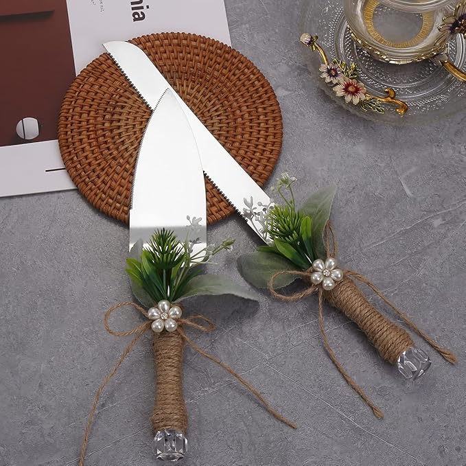 TANG SONG Rustic Style Stainless Steel Wedding Cake Knife and Serving Set Resin Plastic Handle with Artificial Green Leaf shape Design