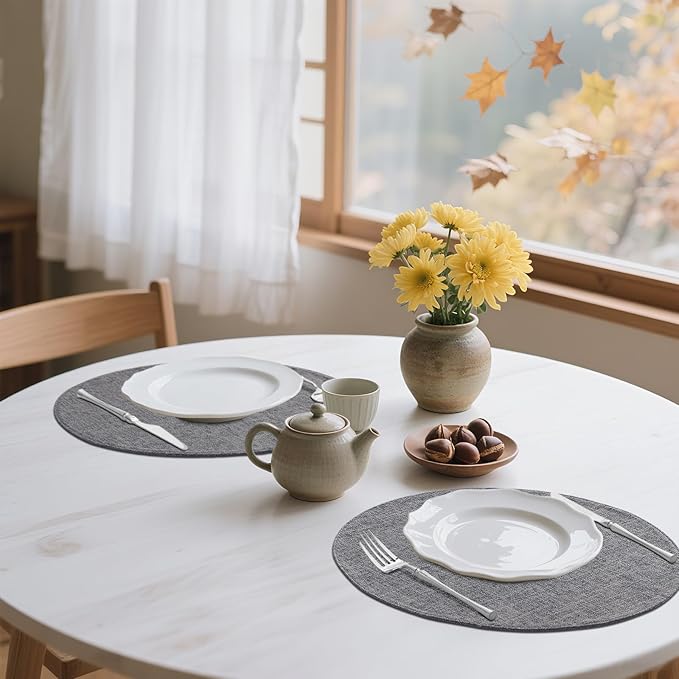 homing 15 Inch Round Cloth Placemats Set of 6, Cotton Linen Blend Washable Table Mats, Farmhouse Dining Place Mats for Indoors & Outdoors, Easy to Clean, Dark Grey