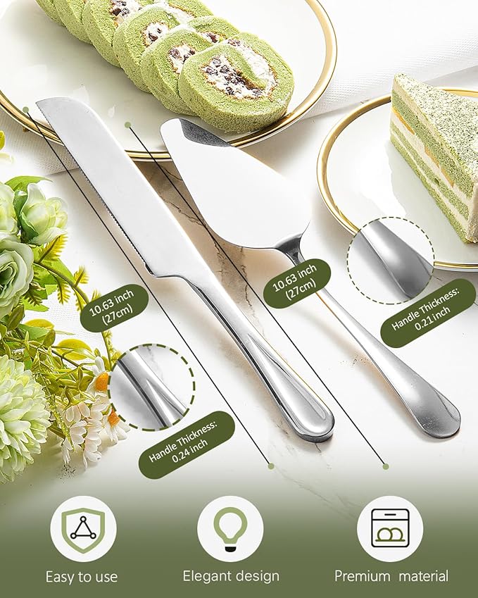 2-Piece Premium Cake Cutting Set, Exquisite Knife and Server with Serrated Design, Includes Cake Knife and Pie Spatula for Pastry, Pizza and Desserts (Silver)