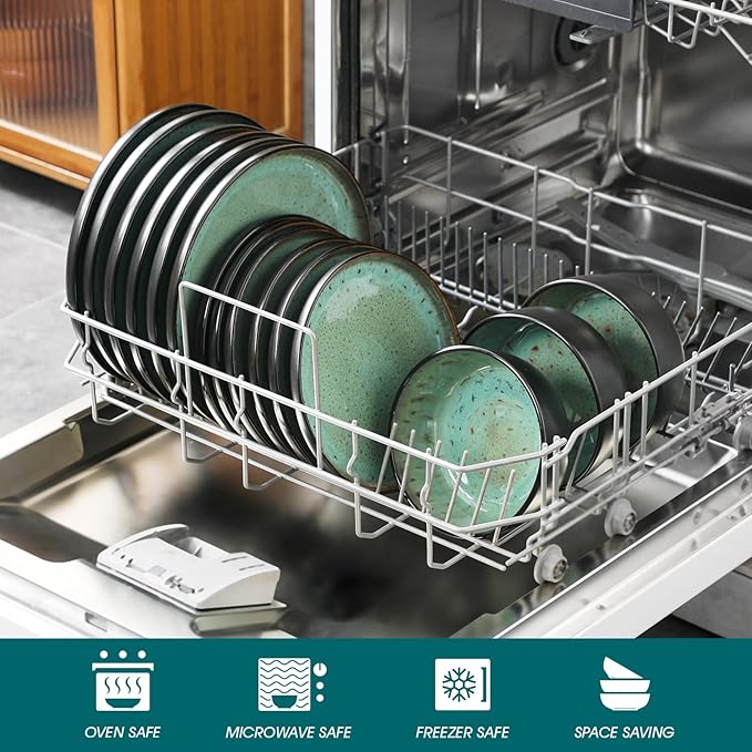 vancasso Plates and Bowls Sets, 18 Pieces Stoneware Dinnerware Sets for 6, Kitchen Dish Set Mircowave and Dishwasher Safe Ceramic Dishware, Turf Green, Series AMBER