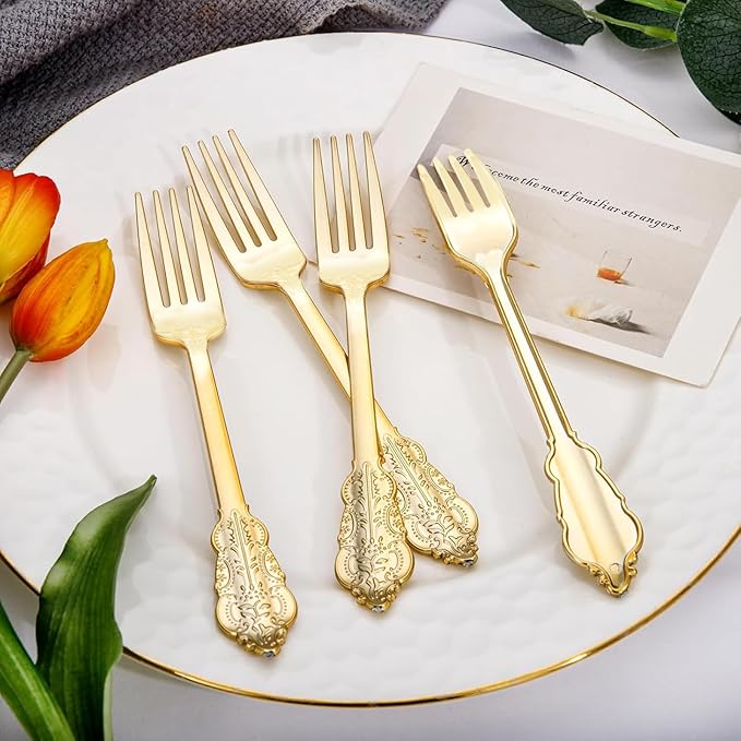 WDF 100 Piece Gold Forks Disposable - 7.48 Inch Gold Plastic Forks - Baroque Plastic Silverware for Dessert Cake - Heavy Duty Thanksgiving for Party, Wedding or Daily Using