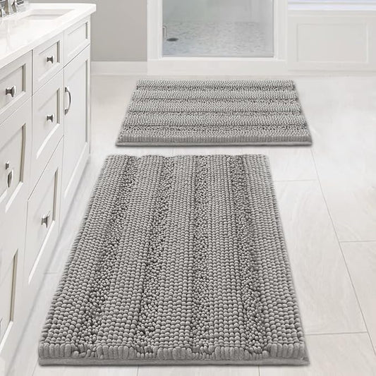 Non Slip Thick Shaggy Chenille Bathroom Rug Mat Set Extra Soft and Absorbent Striped Floor Rugs, 2 Piece, Machine-Washable