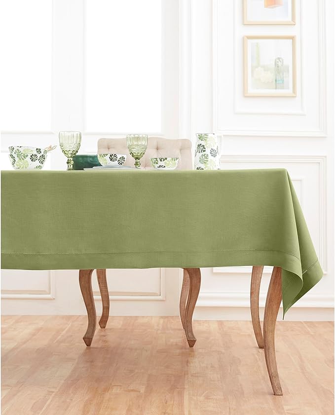 Solino Home Linen Tablecloth 60 x 132 Inch - Classic Hemstitch 100% Pure Linen Moss Green Table Cloth for Rectangle Tables - Machine Washable Tablecloth for Winter