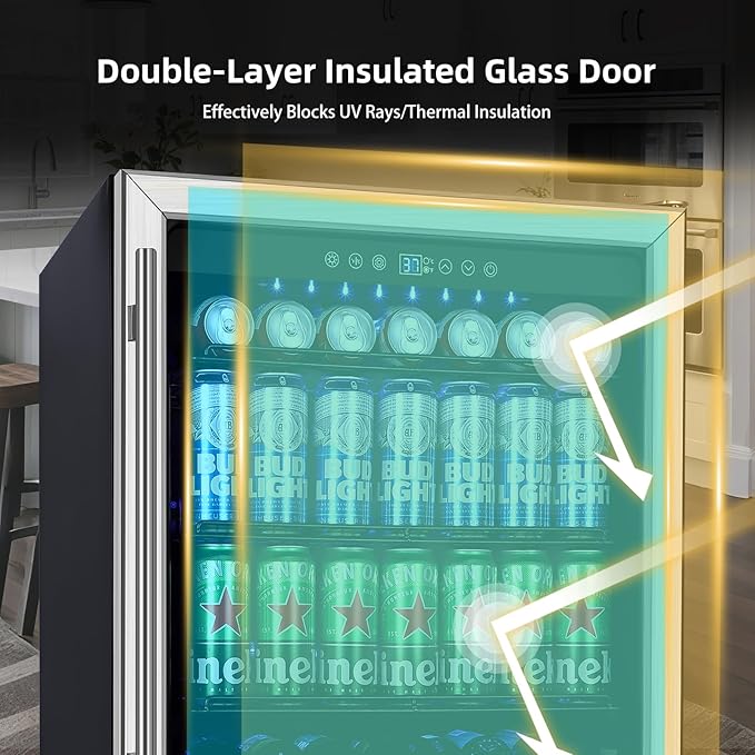 24 Inch Wide Beverage Refrigerator, 180 Can Under Counter Beverage Cooler, Drink Fridge with Glass Door Built-in or Freestanding Beer Fridge with Powerful Cooling Compressor - Silver