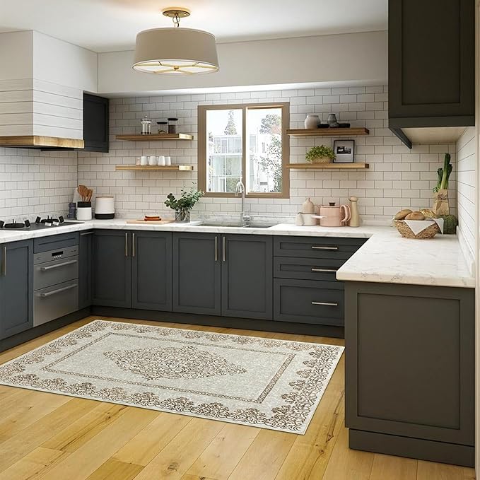 Easy-Going Area Rug 5x7 Washable Boho Neutral Rugs for Living Room Non-Slip Bedroom Rug Low Pile Lightweight Floral Brown Print Vintage Throw Rug for Dining Room Bathroom Kitchen Home Office Carpet