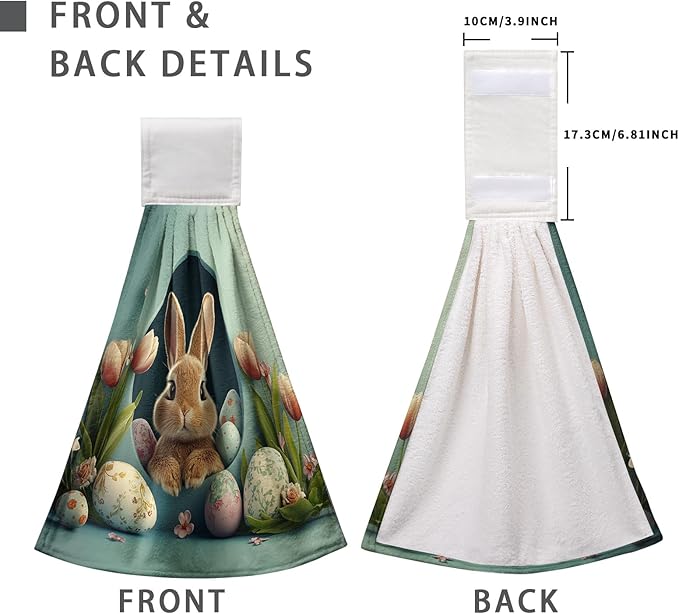 Easter Bunny Hanging Kitchen Towels 2 Pcs Easter Rabbit Eggshell Dish Tie Towels Spring Tulip Flowers Hand Towel with Hanging Loop for Bathroom Soft Home Kitchen Decor