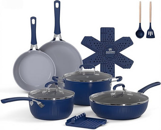 Ammeloo 15-Piece Ribbed Ceramic Cookware Set, Pots and Pans Set Non Stick, Induction Ready, Healthy Non Toxic Kitchen Cooking Set PFAS/PFOA/PTFE-Free, Silicone-wrapped Stay-Cool Handle