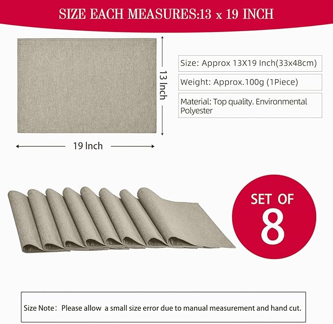 Cloth Place Mats Set of 8–Reusable Rectangular Waterproof Fabric Polyester Washable Wipeable Heat Resistant Linen for Kitchen Dining Dinner Restaurant Wedding Table(Flaxen/13x19 Inch)