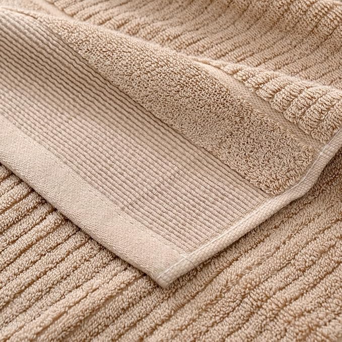 sense gnosis Khaki Hand Towel Soft Ribbed Striped Pattern 100% Cotton Absorbent Luxury Decorative Towel for Bathroom 13 x 29 Inch, 2 Pieces