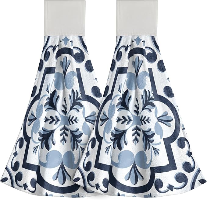 Giwawa Navy Flower Kitchen Hand Towels Modern Boho Hanging Tie Towels Fast Drying Dish Cloth with Loop 2 PCS for Bathroom Restroom Home Decor