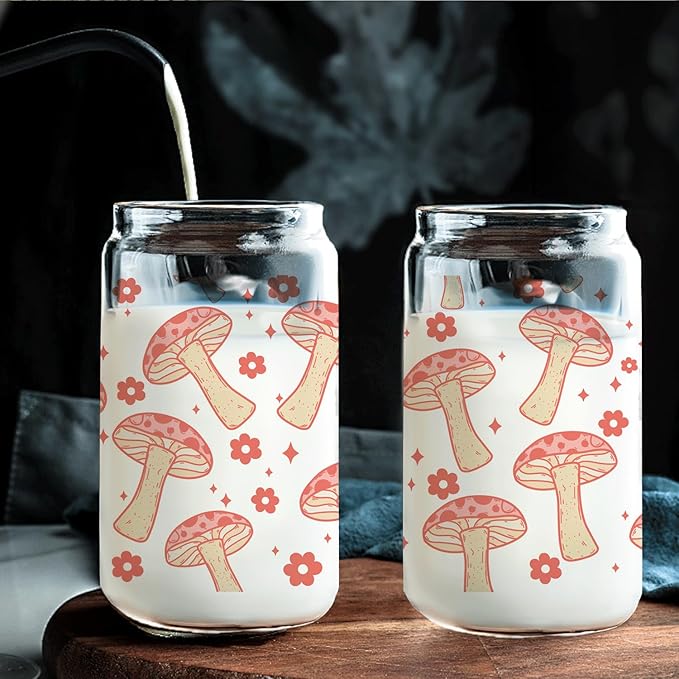 Red Mushroom Aesthetic Glass Cup with Lids and Straws 14oz - Mushroom Gifts for Women Mushroom Lovers Girls, Cute Mushroom Glass Coffee Tumbler Drinking Jars with Cleaning Brush
