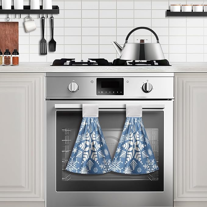 Snowflakes Winter Hanging Kitchen Towels Blue Snow Hand Tie Towel for Bathroom Holiday Decor Soft Absorbent Hanging Dish Towels for Home Accessories