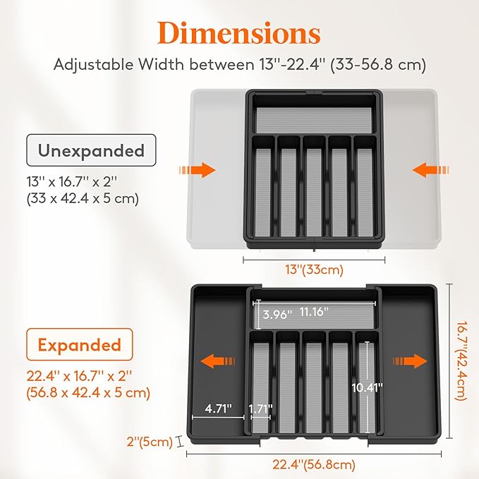 Lifewit Silverware Drawer Organizer, Expandable Utensil Tray with Non-Slip TPR, Deep Flatware Cutlery Holder, Adjustable Plastic Kitchen Storage for Spoons Forks Knives, Large, Black and Gray